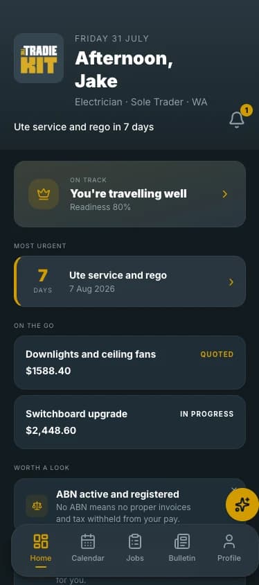 Tradie Kit App home screen