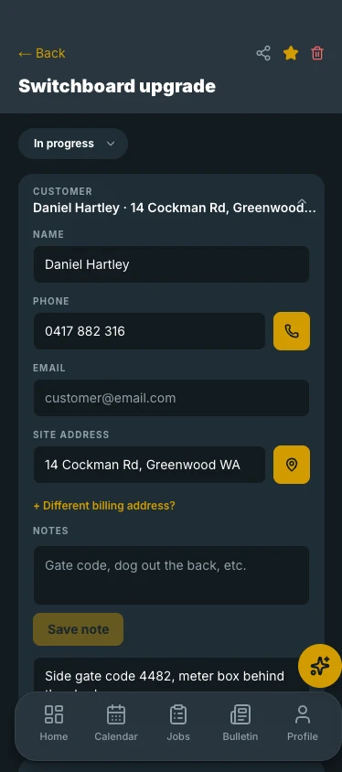 Tradie Kit App job detail with customer card, one-tap call, directions and a saved site note